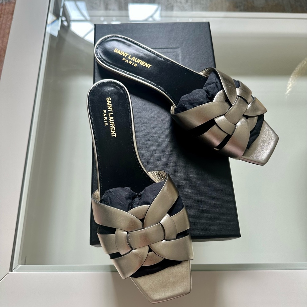 SOLD!! Authentic Saint Laurent tribute mules in metallic leather. Size 41